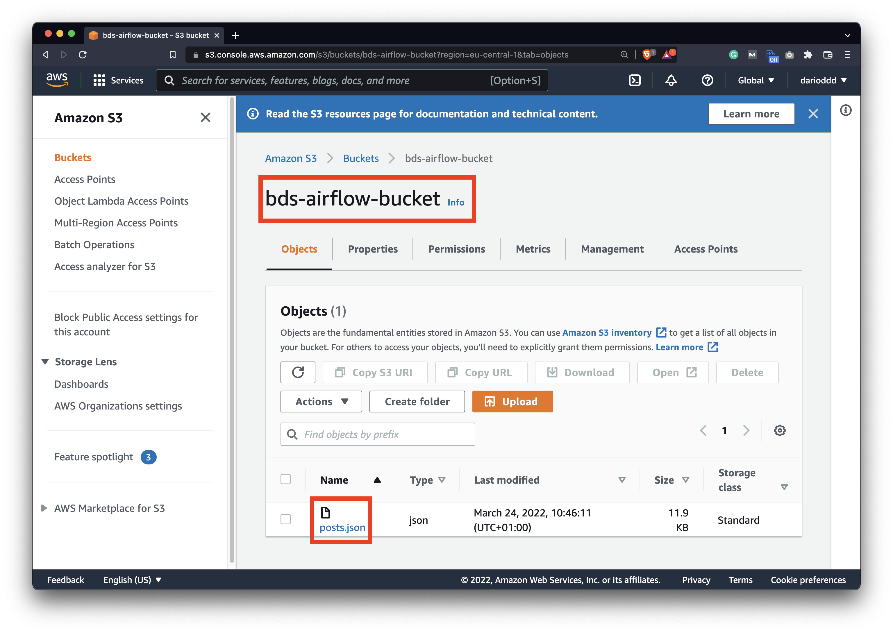 Image 1 - Amazon S3 bucket with a single object stored (image by author)