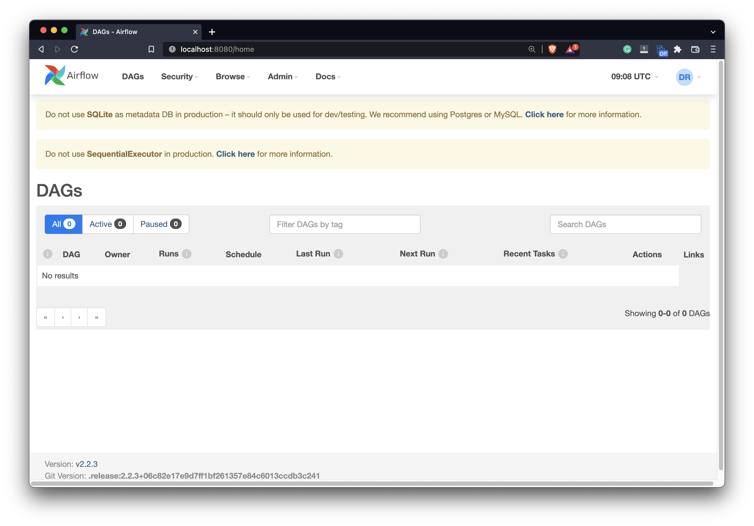 Image 12- Airflow home page with no example DAGs (image by author)