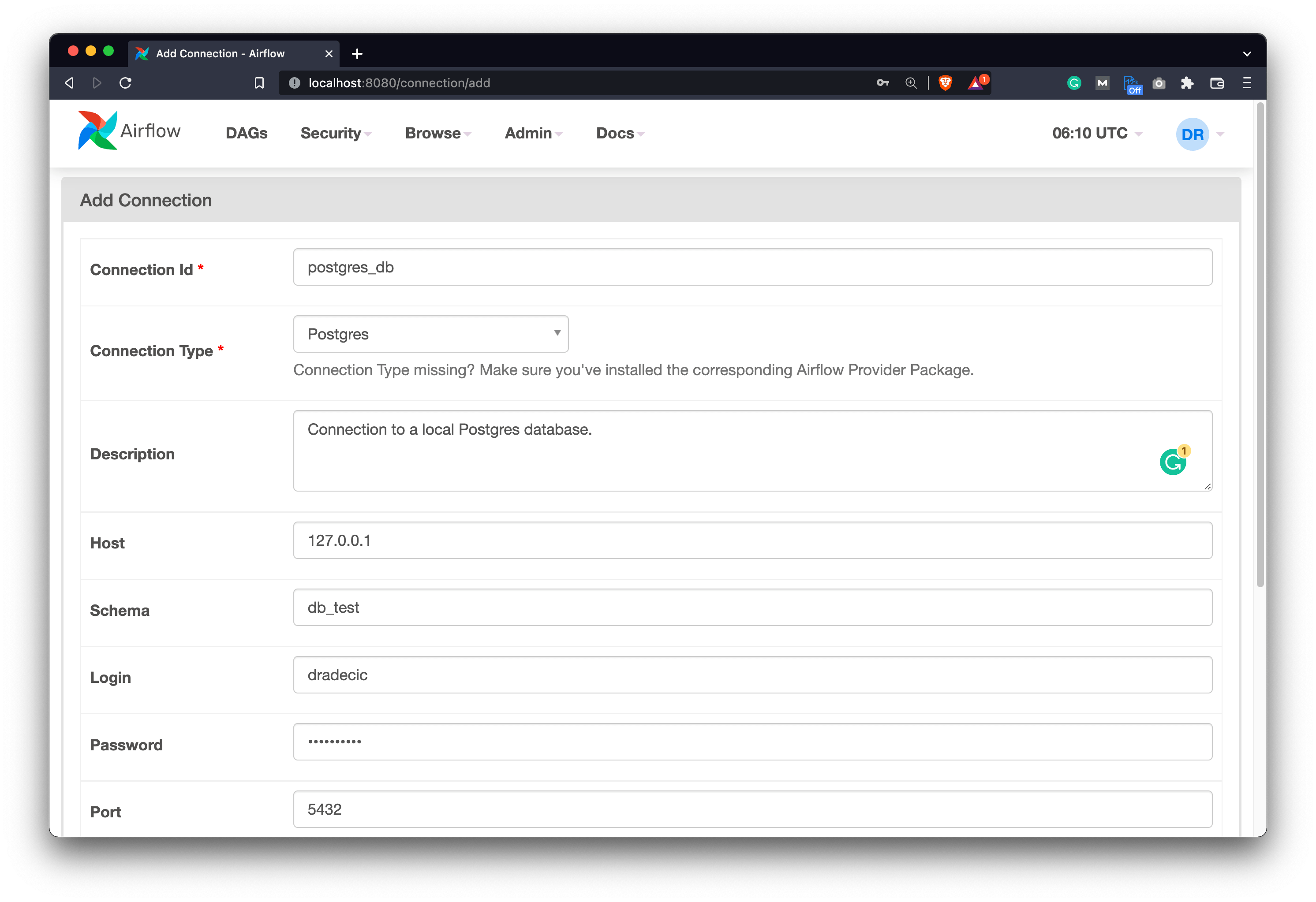 Image 4 - Defining a Postgres connection in Airflow (image by author)