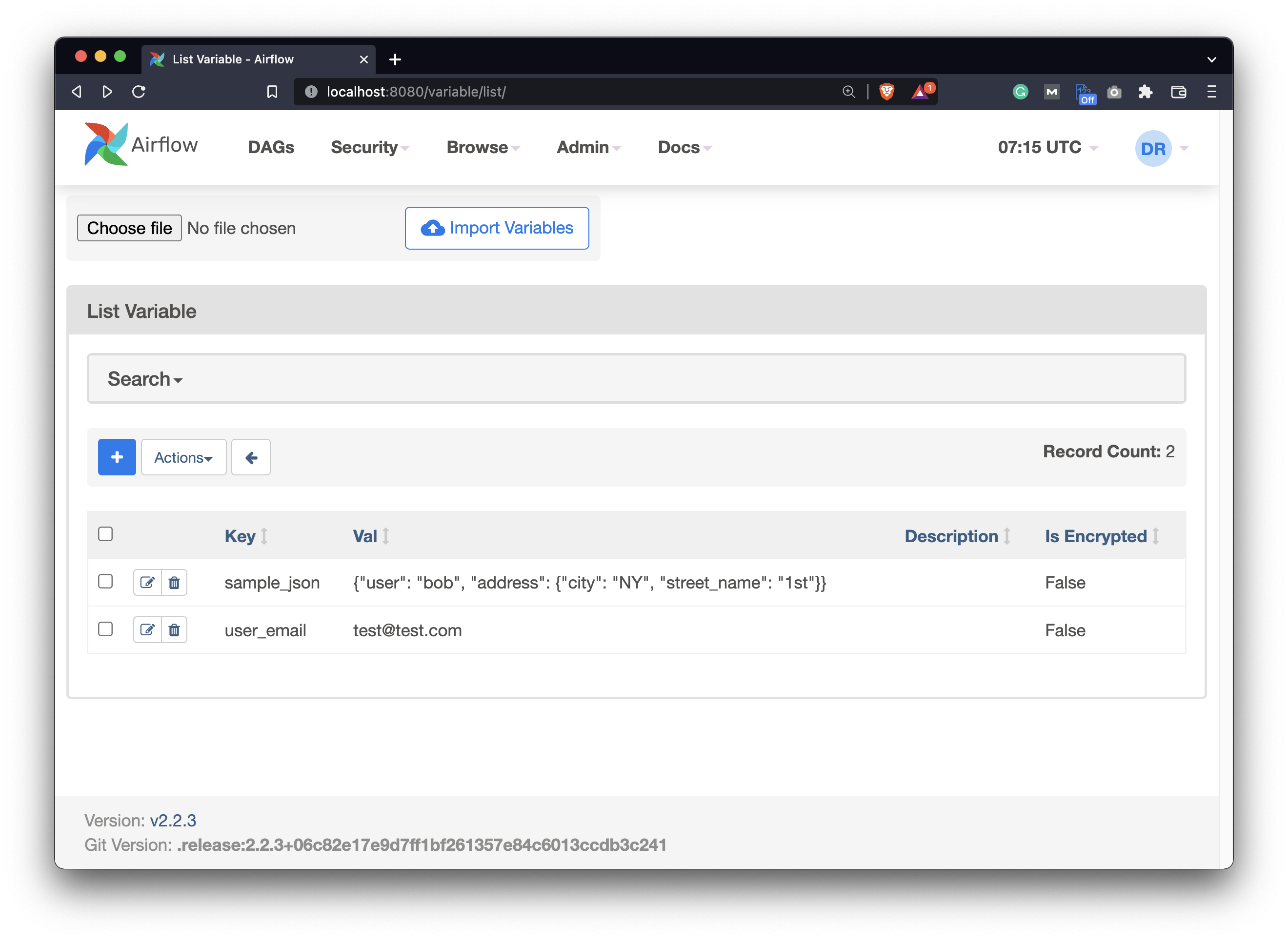 Image 4 - Airflow Variables page after adding variables (image by author)