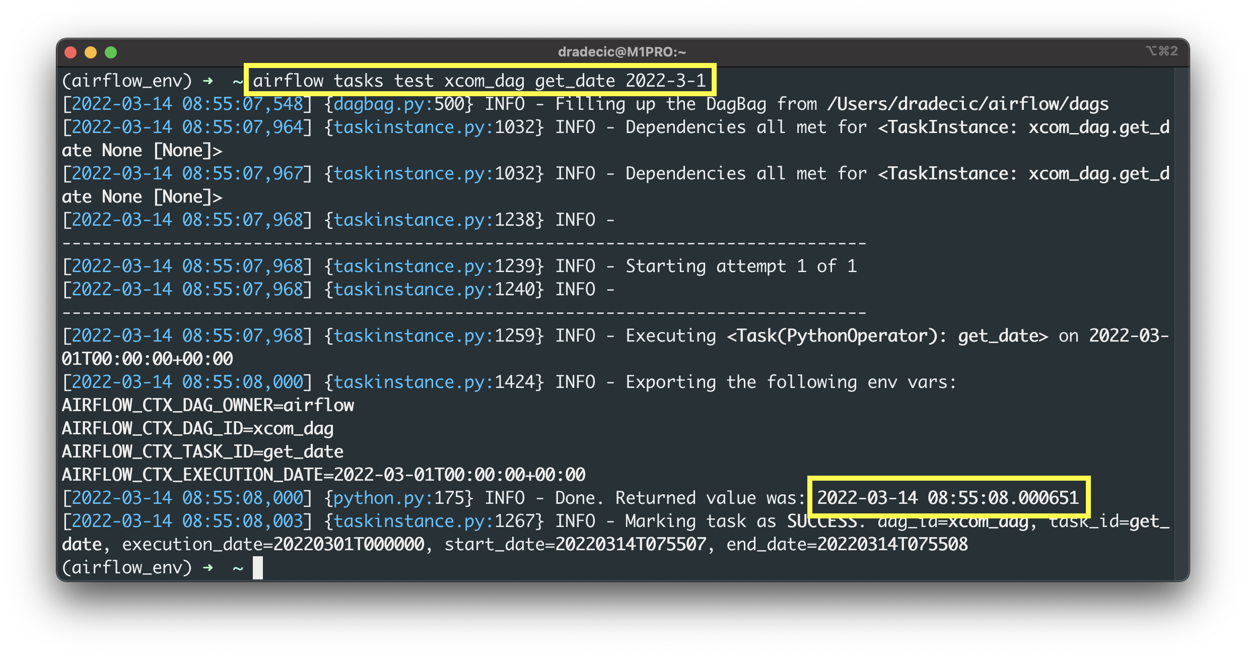 Image 1 - Testing an Airflow task through Terminal (image by author)