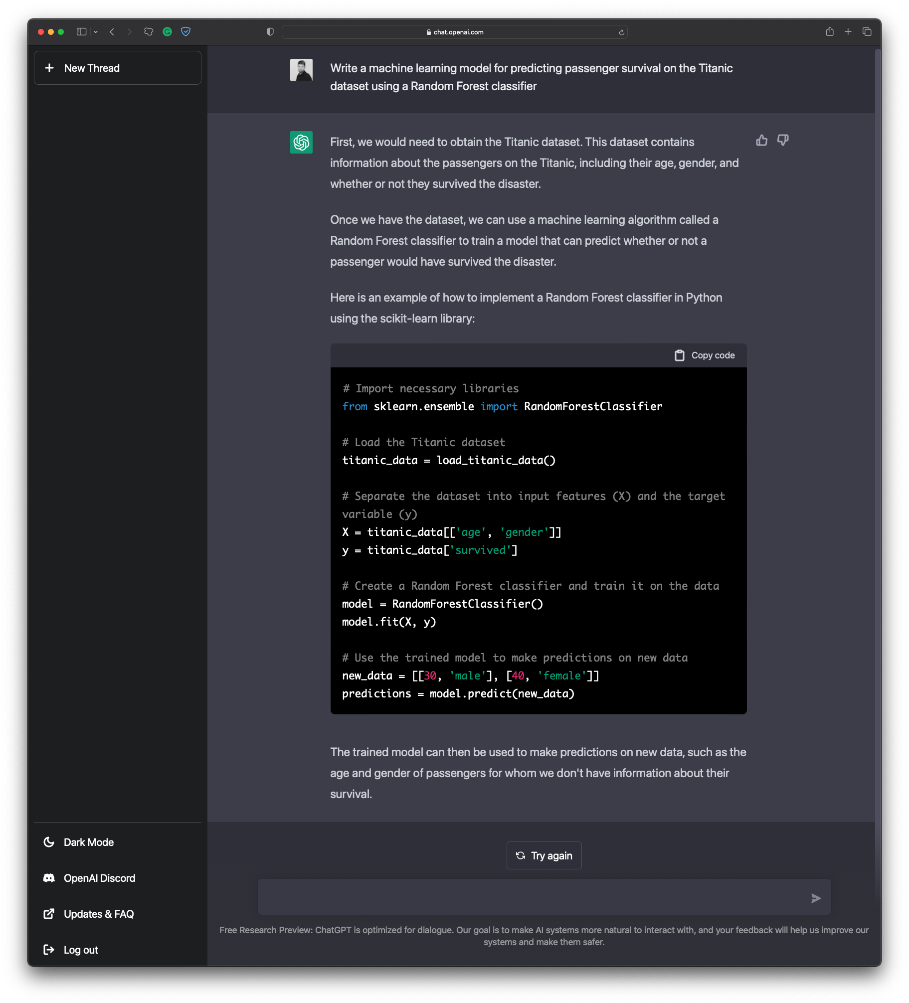 Image 3 - Titanic dataset forecast with ChatGPT (image by author)