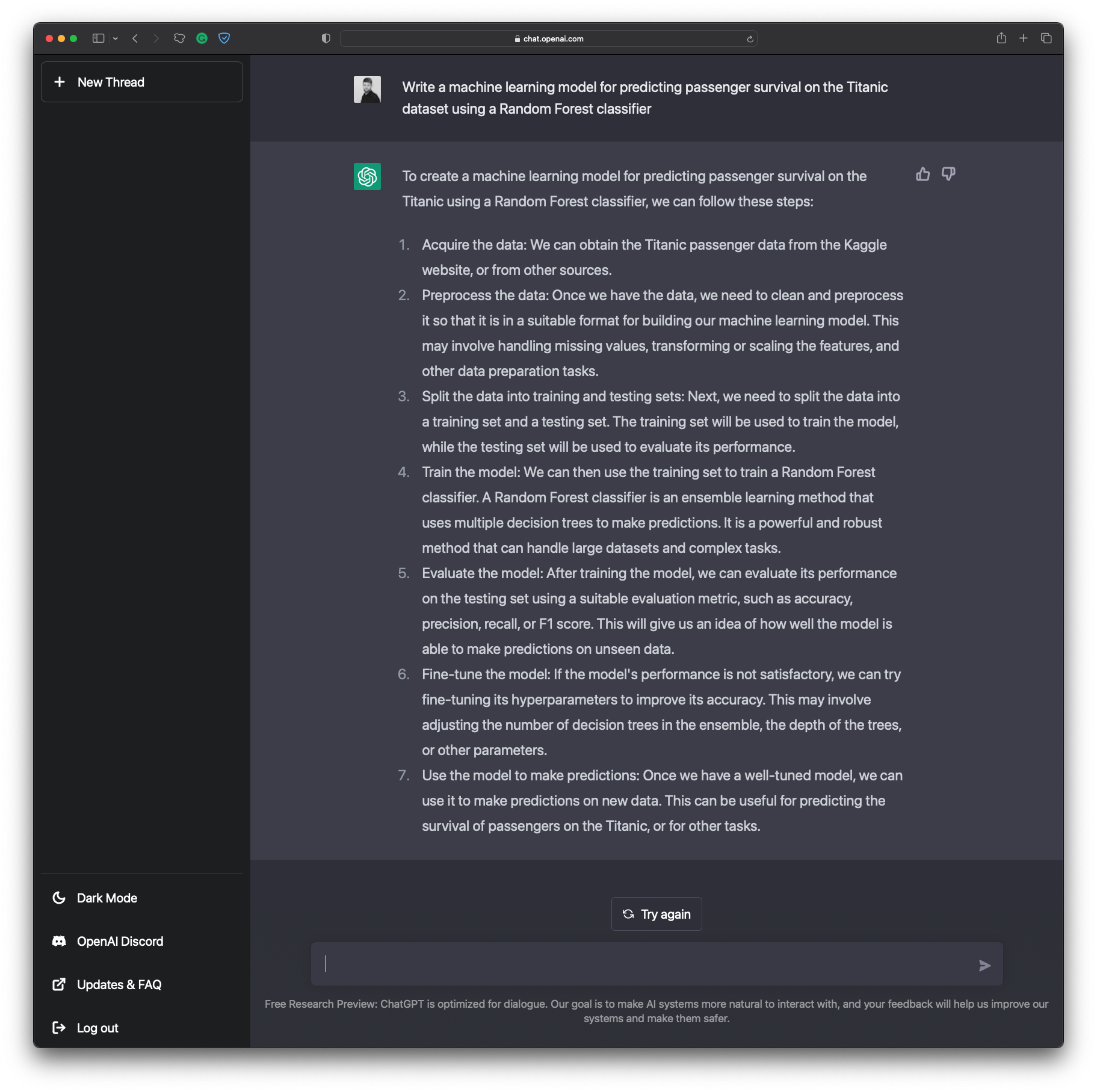 Image 4 - Titanic dataset forecasting instructions by ChatGPT (image by author)