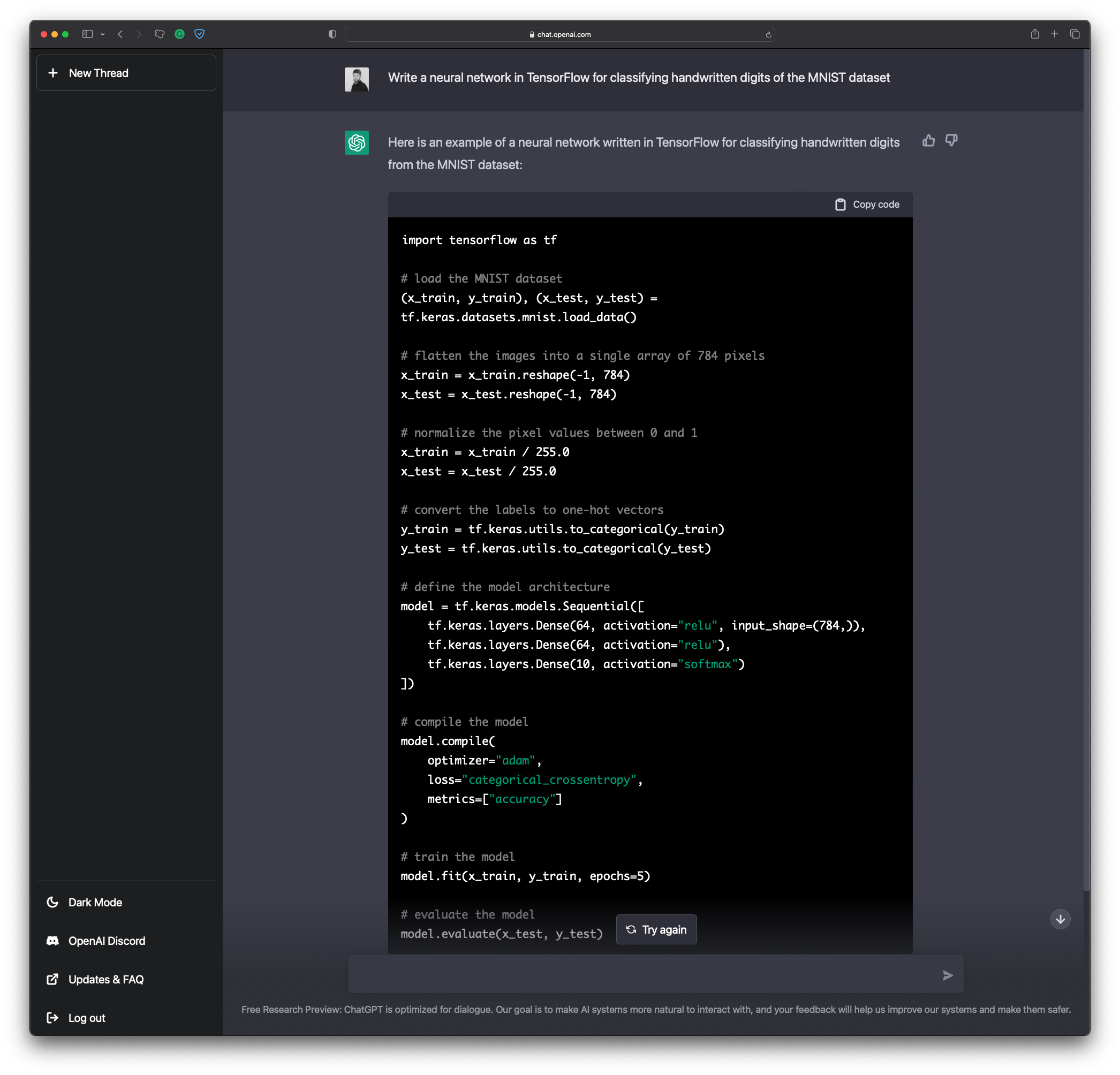 Image 5 - ChatGPT TensorFlow neural network model example (image by author)