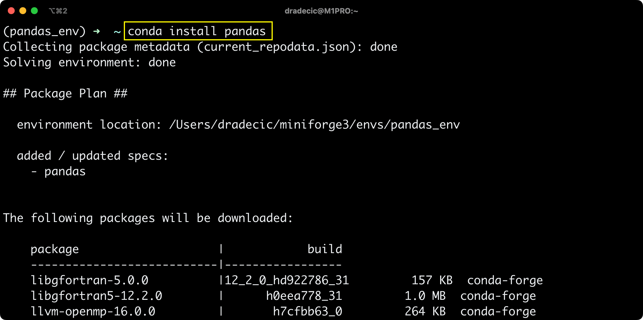 Image 10 - Installing Pandas in an Anaconda virtual environment (Image by author)