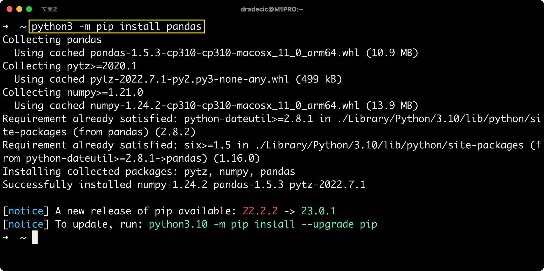 Image 1 - Installing Pandas with Pip globally (Image by author)