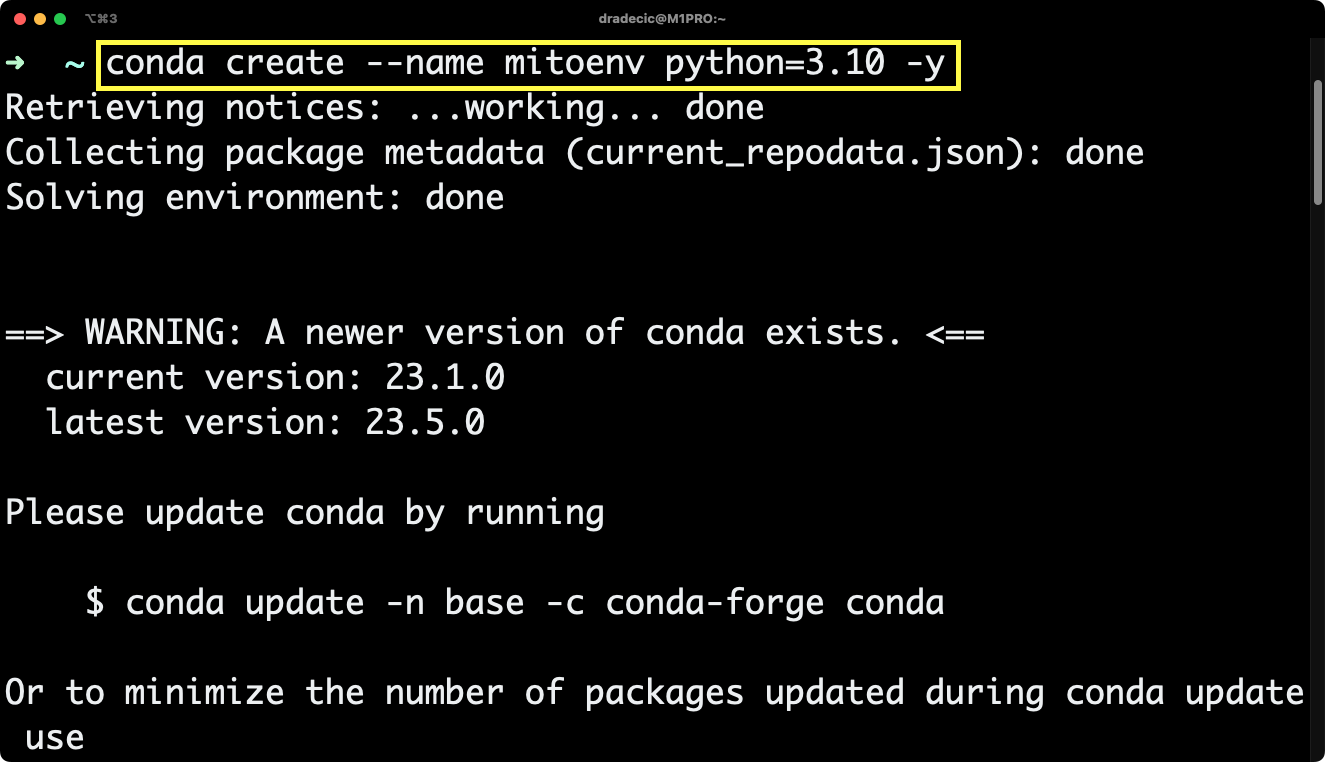 Image 1 - Creating a new Anaconda virtual environment for Mito (image by author)