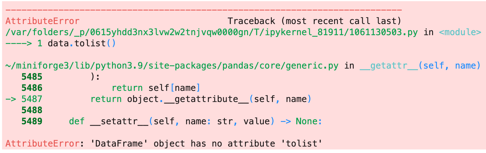Image 2 - Exception when trying to convert an entire DataFrame to list (Image by author)