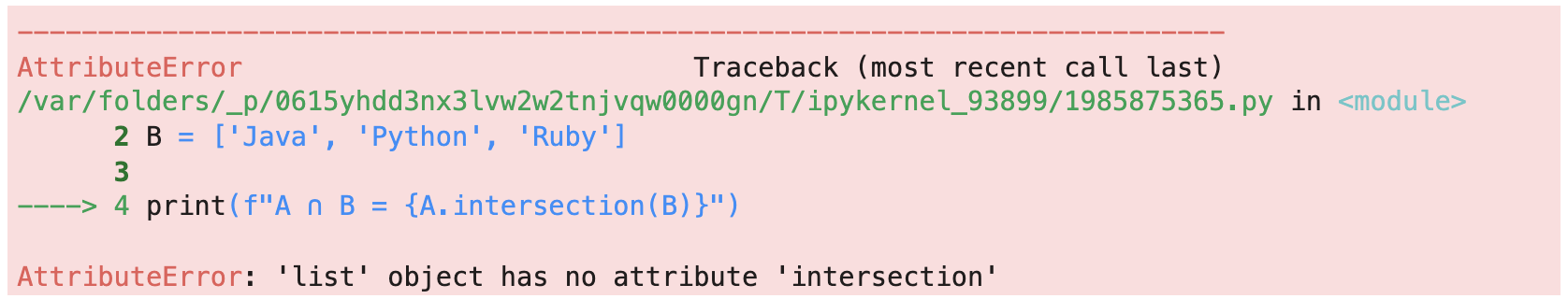 Image 4 - Attribute error on the set intersection (image by author)