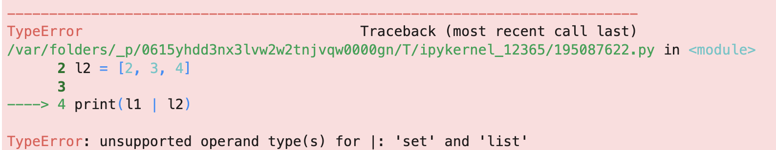 Image 4 - TypeError when trying to union Python set and list (image by author)